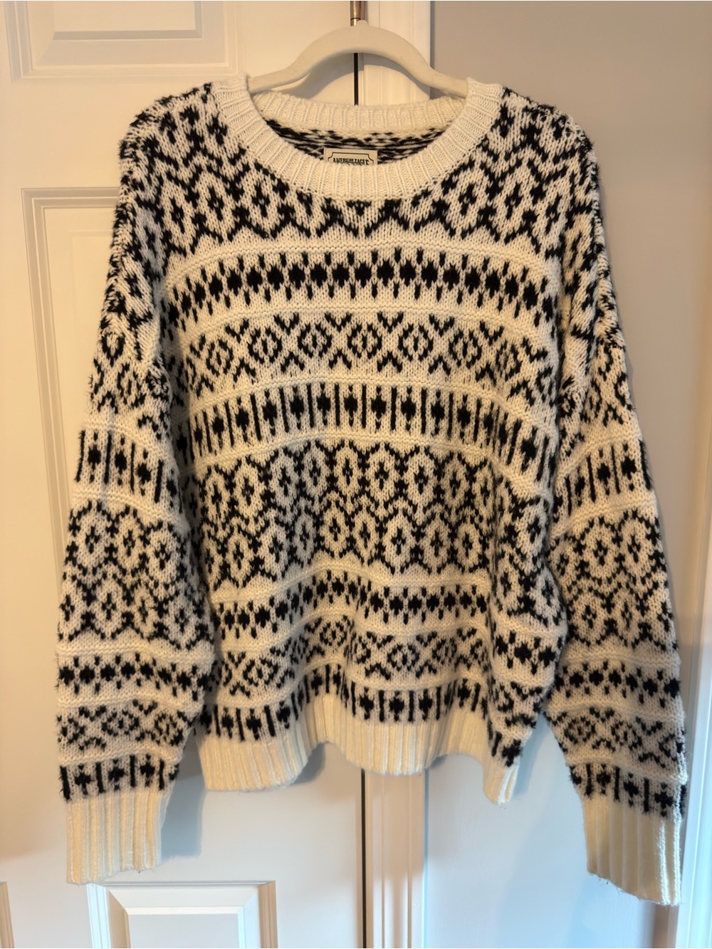 American Eagle Outfitters Black and White Fair Isle Crew Sweater